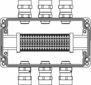 Ex клеммная коробка из алюминия : 1Ex e IIC Т5 Gb / Ex tb IIIB T95°C DbIP66 :Клеммы 4 кв.мм - 20 шт.:А,C:ввод D5,5-13мм под небронированныйкабель Ni - 6 шт.